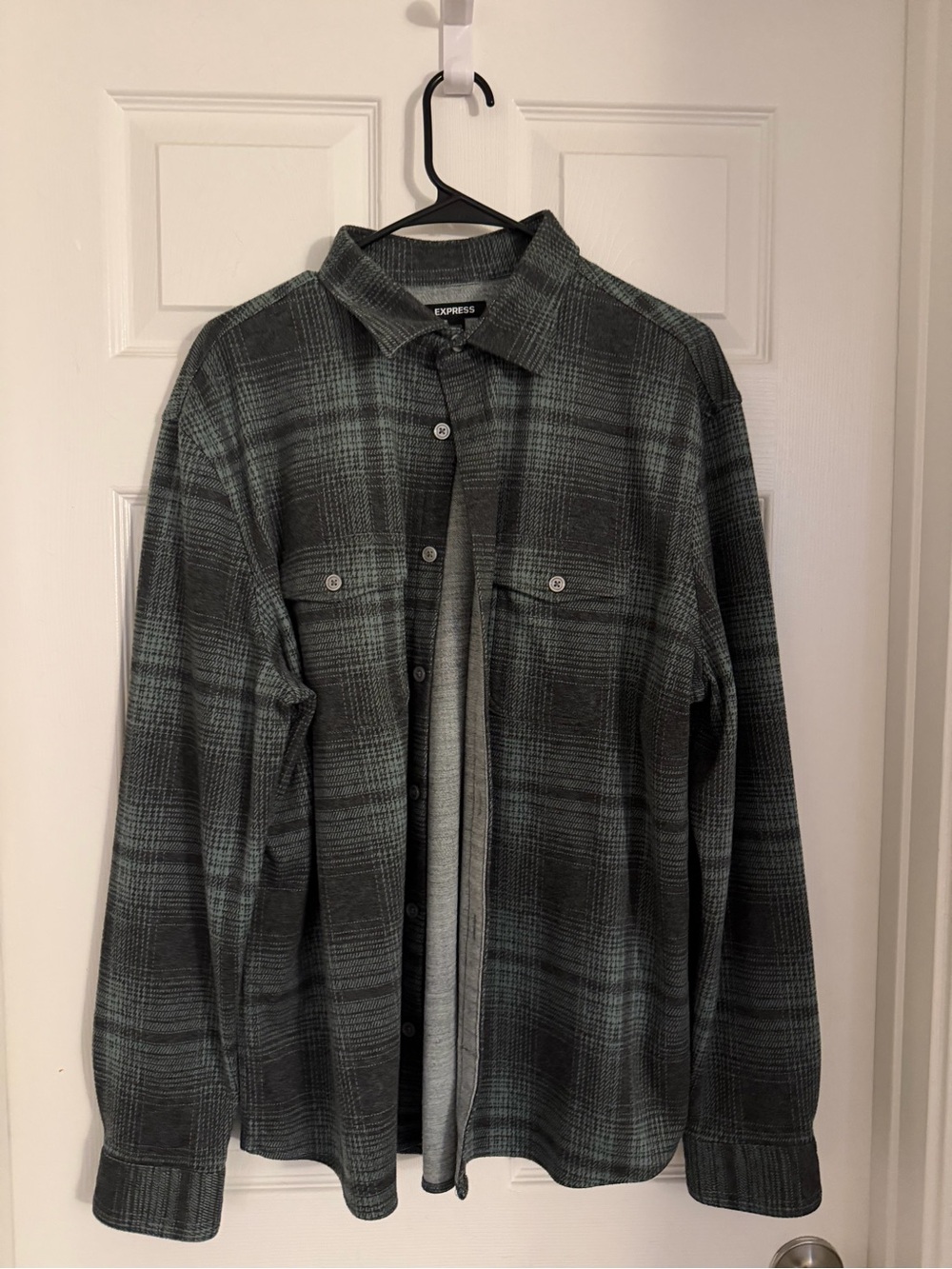 Express Green and Black Plaid Button-Up Shirt Jacket